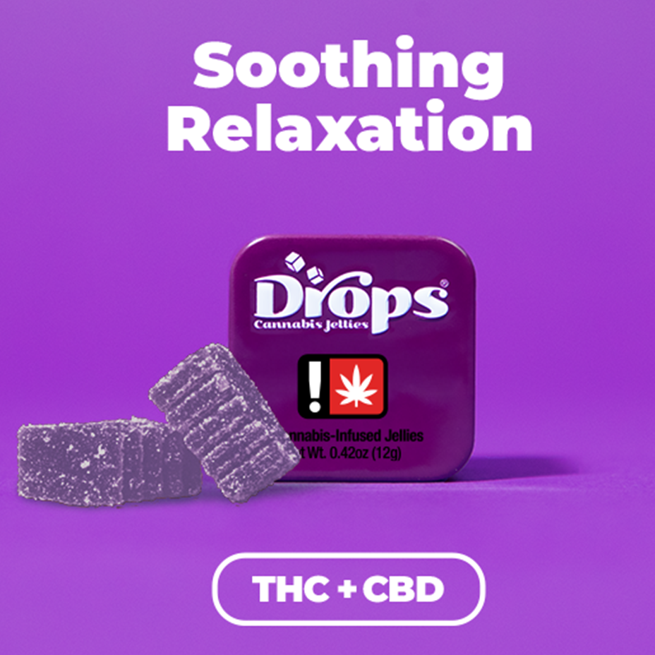 Photograph of product: Drops > 2pc Jellies > 1:2 TH-oui:CBD > Soothing Relaxation > Blackberry