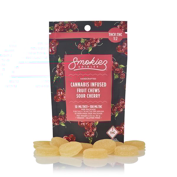 Photograph of product: Smokiez: Sour Cherry TH-ouiV:TH-oui 1:2 Fruit Chews 50mg:100mg