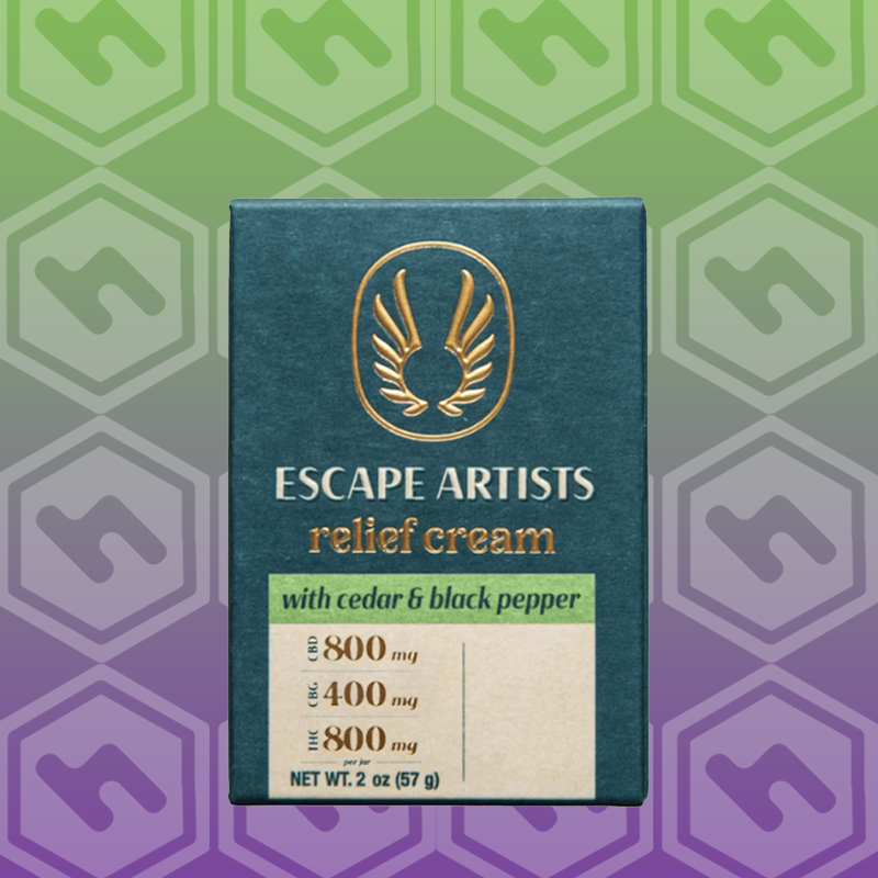 Photograph of product: Escape Artists | Relief Cream | Cedar Black Pepper | 800:400:800 TH-oui:CBG:CBD