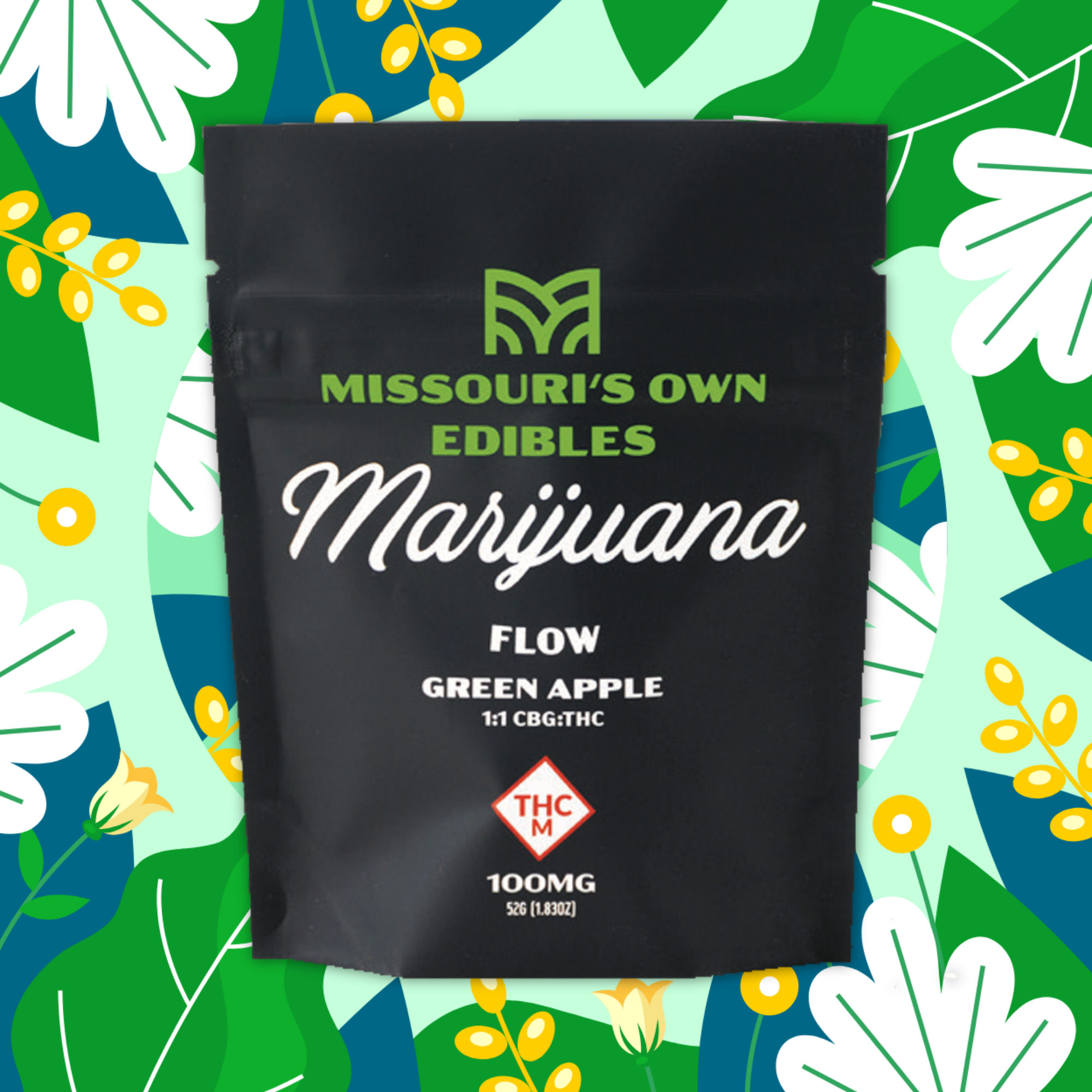 Photograph of product: Missouri's Own - Green Apple - Flow - 1:1 TH-oui:CBG - Gummies - 100mg (10pk)