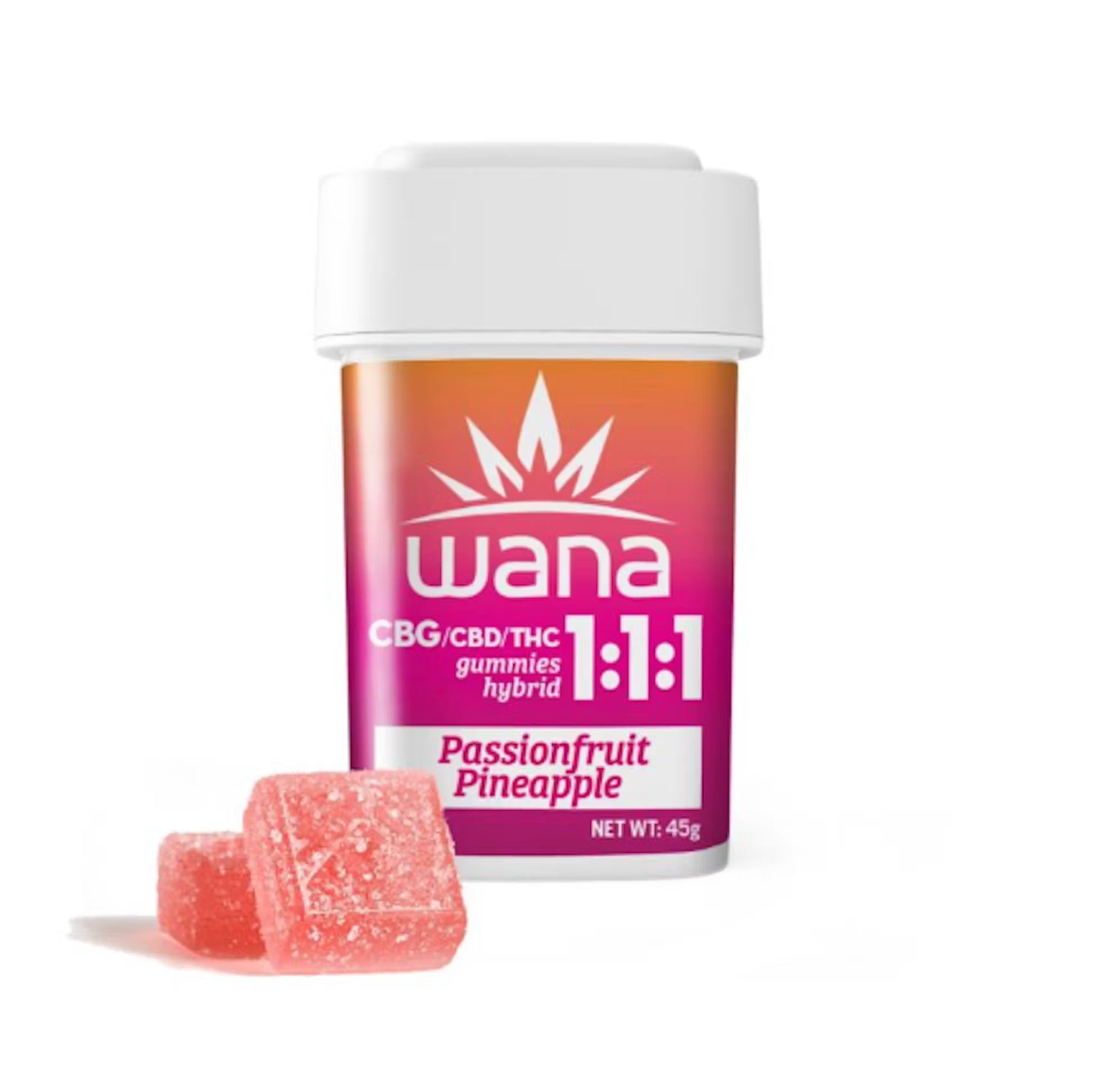 Photograph of product: Wana Gummies 100mg CBD/THC/CBG 1:1:1 - Passion Fruit Pineapple
