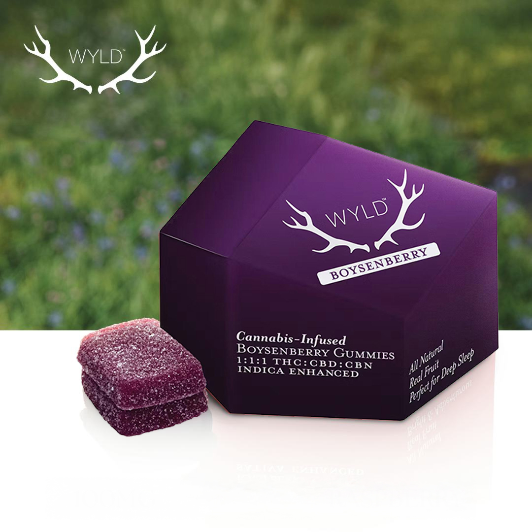 Photograph of product: Wyld Boysenberry Gummies | Oui'd | 1:1:1 TH-oui:CBG:CBN 10 Pack 100mg TH-oui