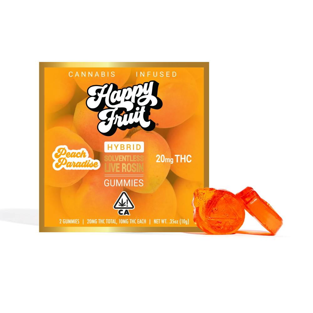 Photograph of product: *HAPPY FRUIT - Live Rosin Peach Paradise - Gummies - 2Pk - 20MG