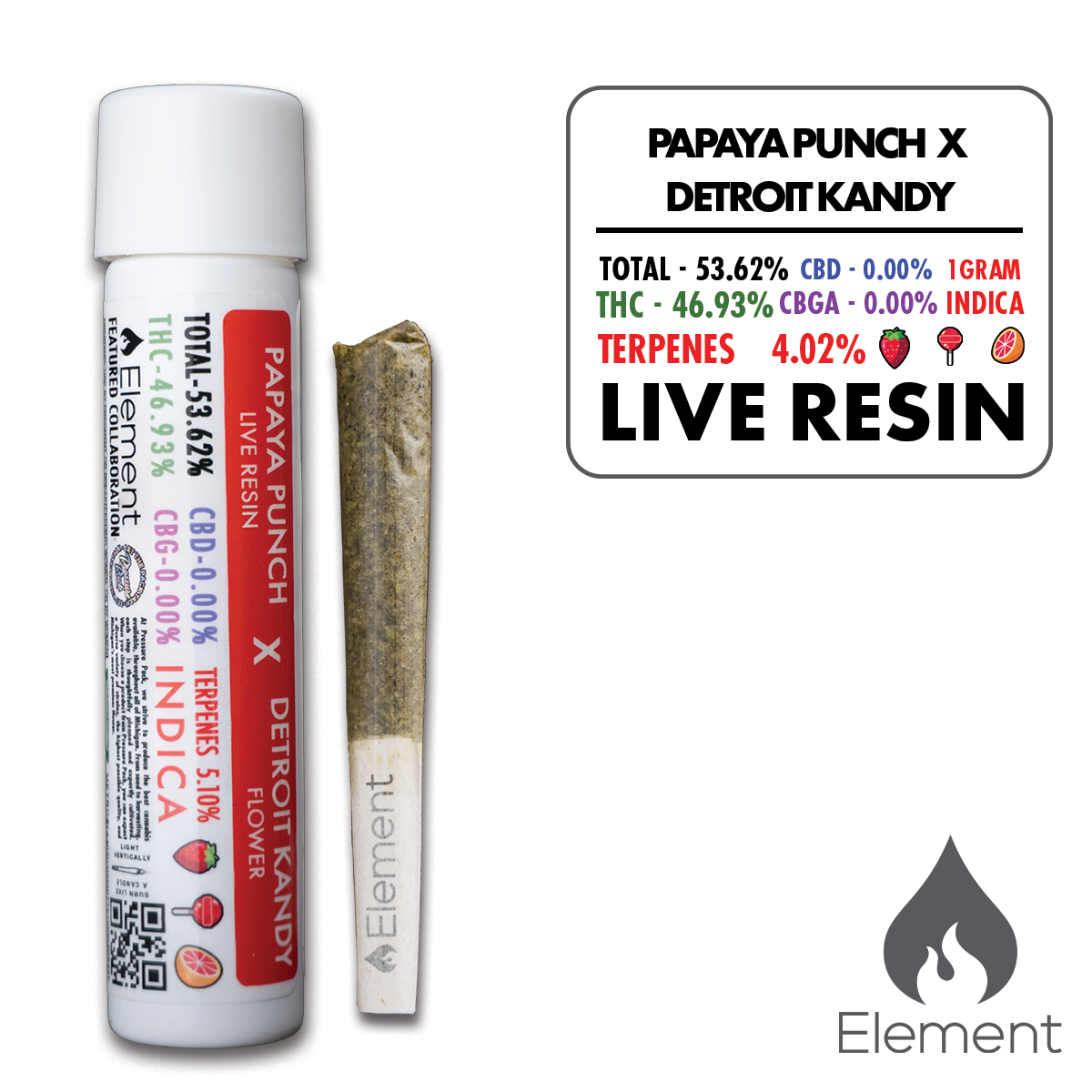 Photograph of product: Detroit Kandy x Papaya Punch Live Resin Infused Pre-Roll | Element feat. Pressure Pack (3/$40)