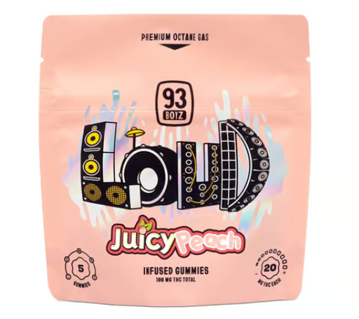 Photograph of product: 93 BOYZ LOUD JUICY PEACH 5PK GUMMIES 100MG