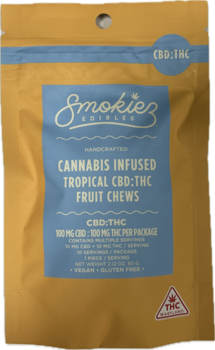 Photograph of product: Smokiez 10mg 1:1 Tropical Fruit Chews - 100mg TH-oui: 100mg CBD
