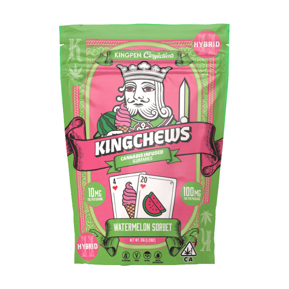 Photograph of product: 100mg Watermelon Sorbet (Hybrid) Kingchew Gummies [V] $18 or 2/$30