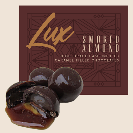 Photograph of product: Lux - Live Resin - Dark Chocolate Smoked Almond Caramels 10pk - 100mg