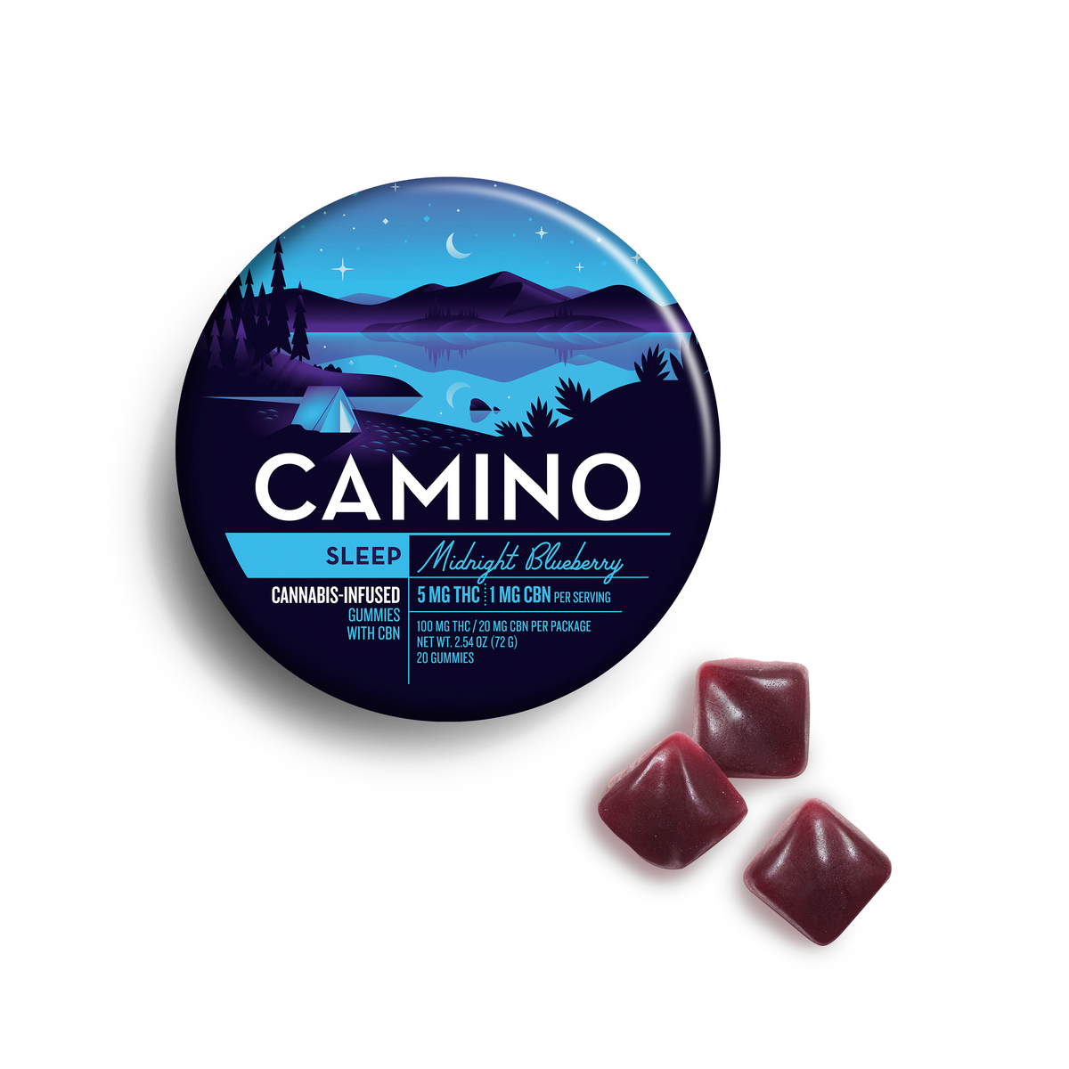 Photograph of product: Camino | Midnight Blueberry 5mg THC / 1mg CBN Gummies | 100mg