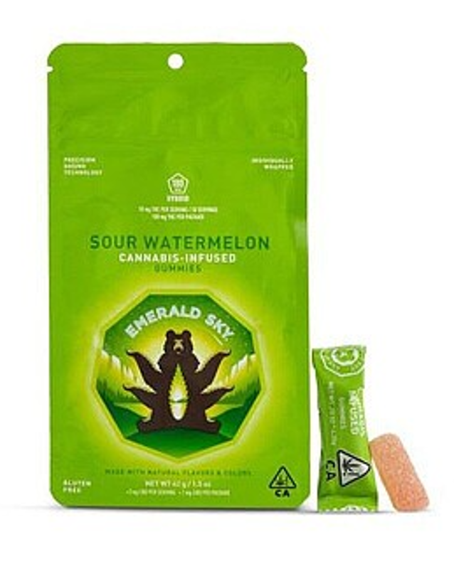 Photograph of product: Emerald Sky - Sour Watermelon - Gummies - 100mg Hybrid