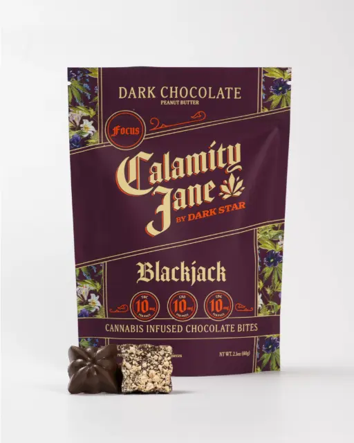 Photograph of product: Dark Star | 1:1:1 100mg Dark Chocolate + Peanut Butter Bites | Calamity Jane: Blackjack