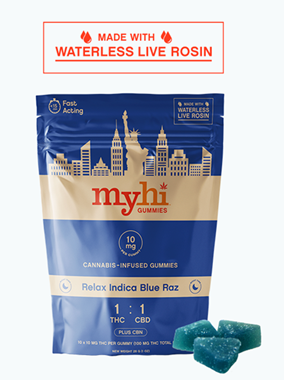 Photograph of product: Myhi - Relax Oui'd Blue Raz - 10ct 1:1 (TH-oui:CBD) Live Rosin Gummies