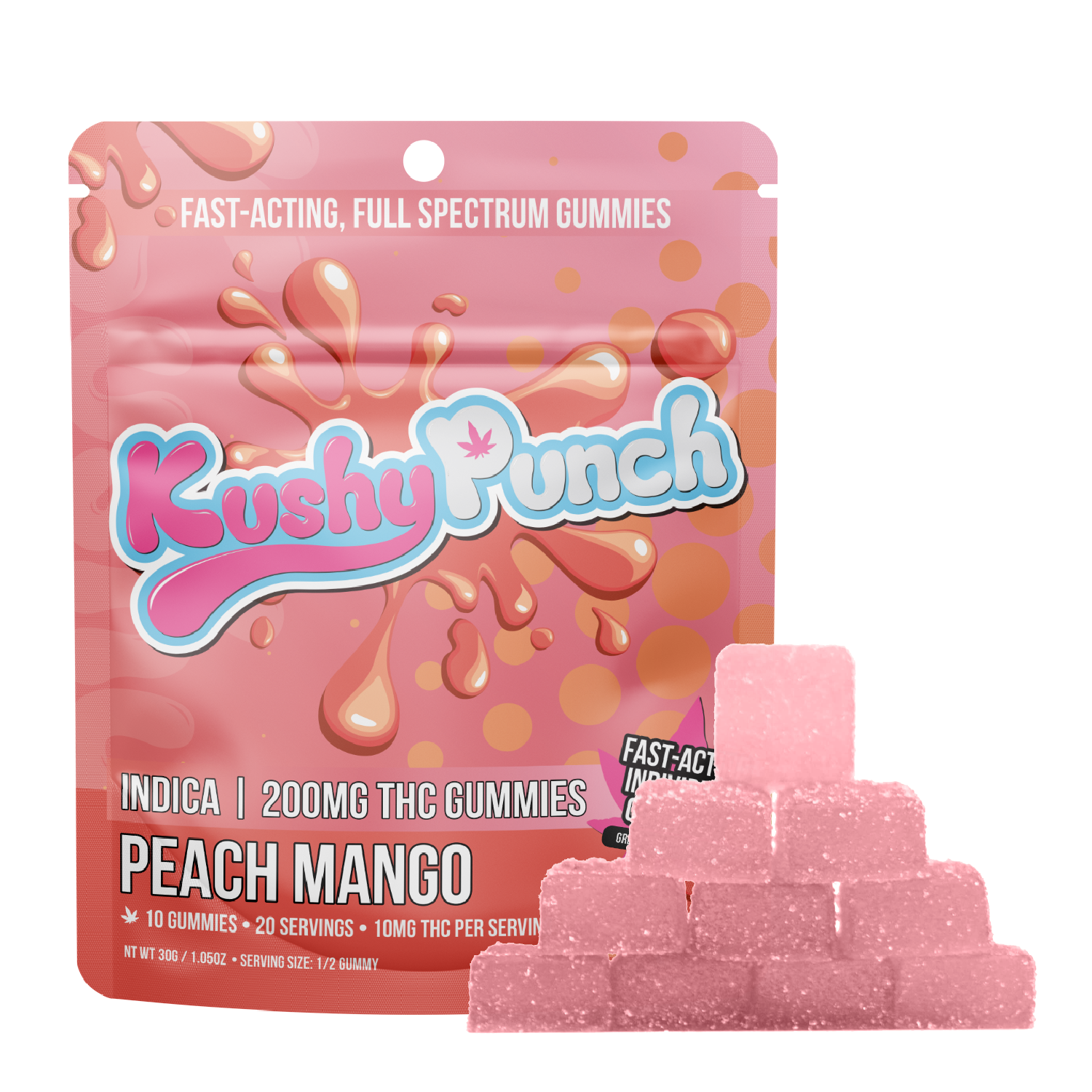 Photograph of product: Kushy Punch Oui'd Peach Mango Individual Gummies 200mg Rec
