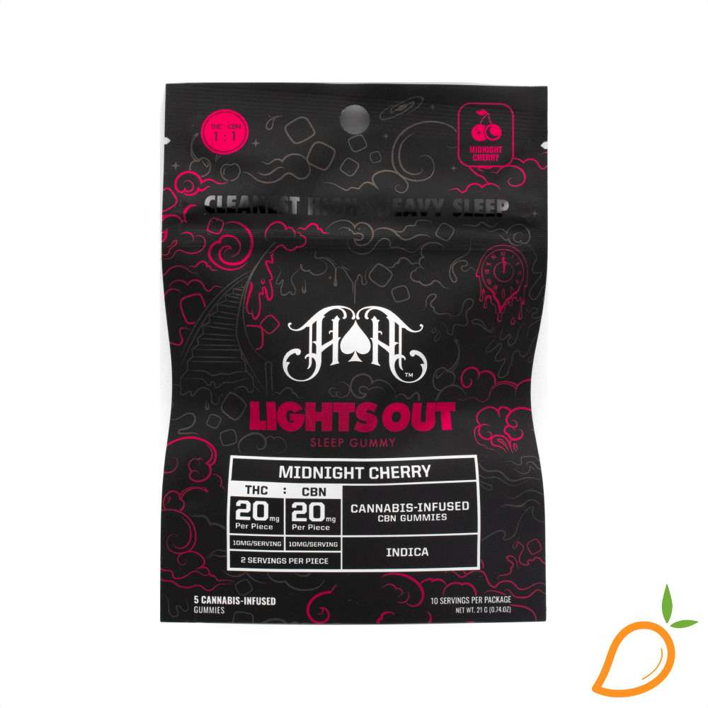 Photograph of product: 100mg 1:1 TH-oui:CBN Midnight Cherry Gummies Heavy Hitters