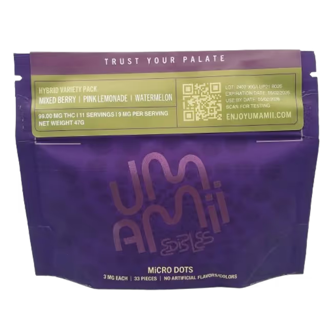 Photograph of Product: Umamii Microdots Gummies 3mg THC ea 99mg Total