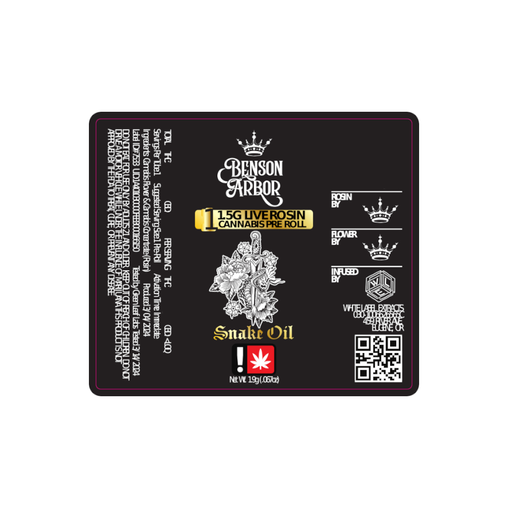 Photograph of product: Benson Arbor Snake Oil | Live Rosin Infused Pre-roll | Headband Larry |