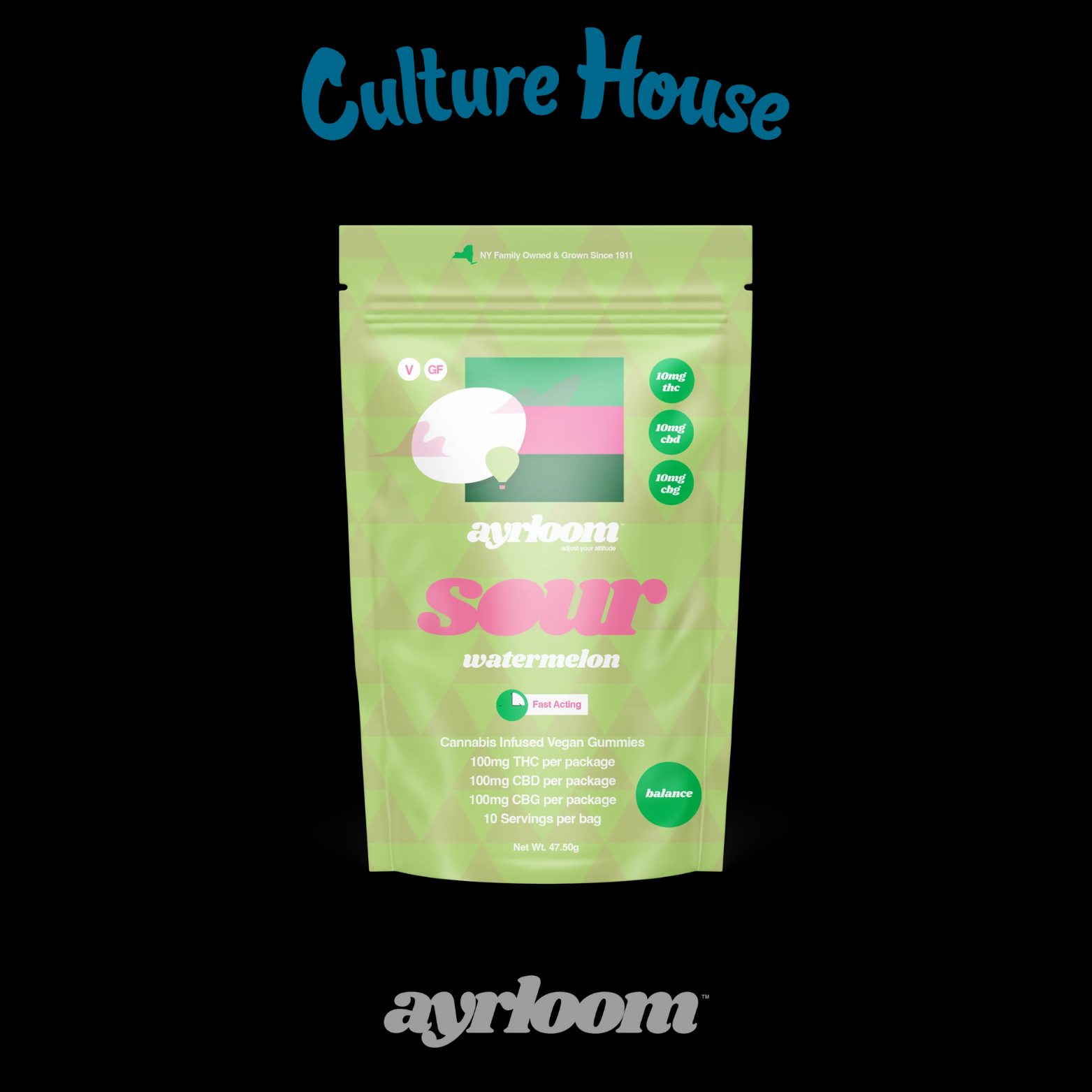 Photograph of product: Ayrloom | Sour Watermelon | 1:1:1 TH-oui:CBD:CBG | 100mg