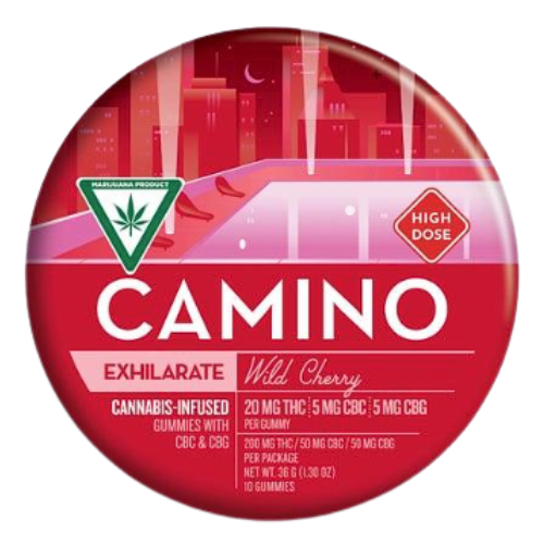 Photograph of product: Kiva Confections Camino Wild Cherry Exhilarate Gummies 200mg THC : 50mg CBC : 50mg CBG