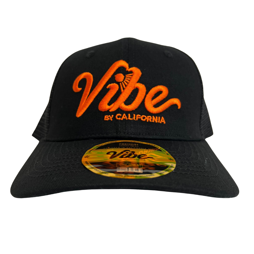 Photograph of product: BLACK HAT & BLACK MESH W/ ORANGE FRONT LOGO