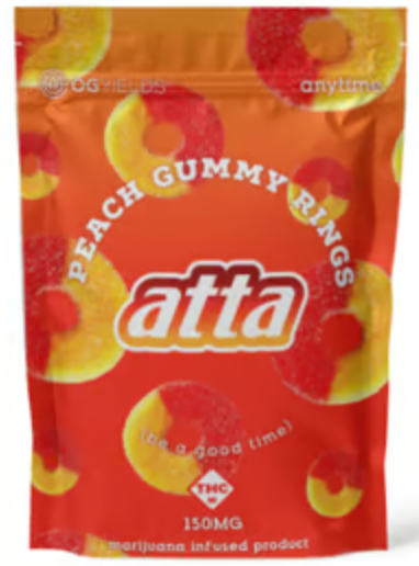 Photograph of product: ATTA | PEACH GUMMY RINGS | GUMMY | 6PK 150MG | HYBRID