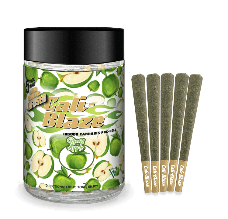 Photograph of product: Cali Blaze - Green Apple 5-Pack x 0.7g Liquid Diamonds Infused Pre-Rolls | 3/$50