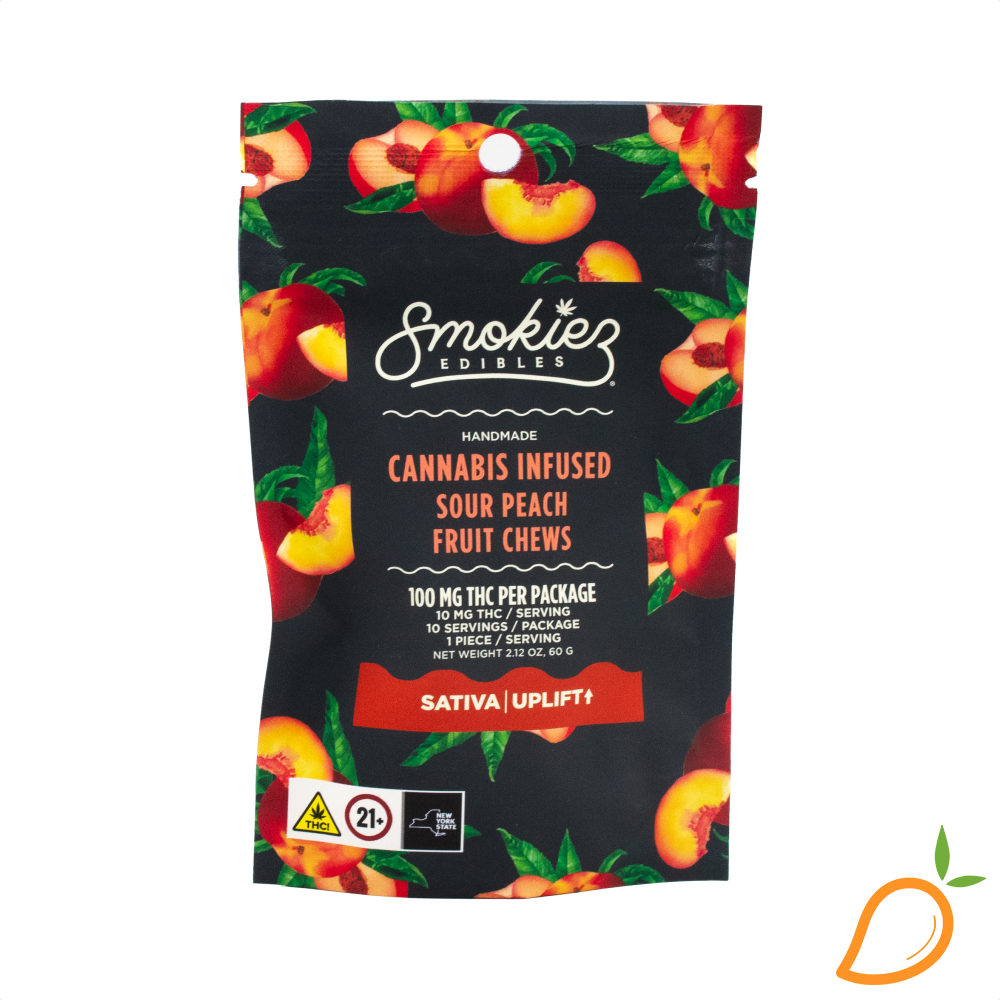 Photograph of product: 100mg Sour Peach Oui'd Gummies Smokiez