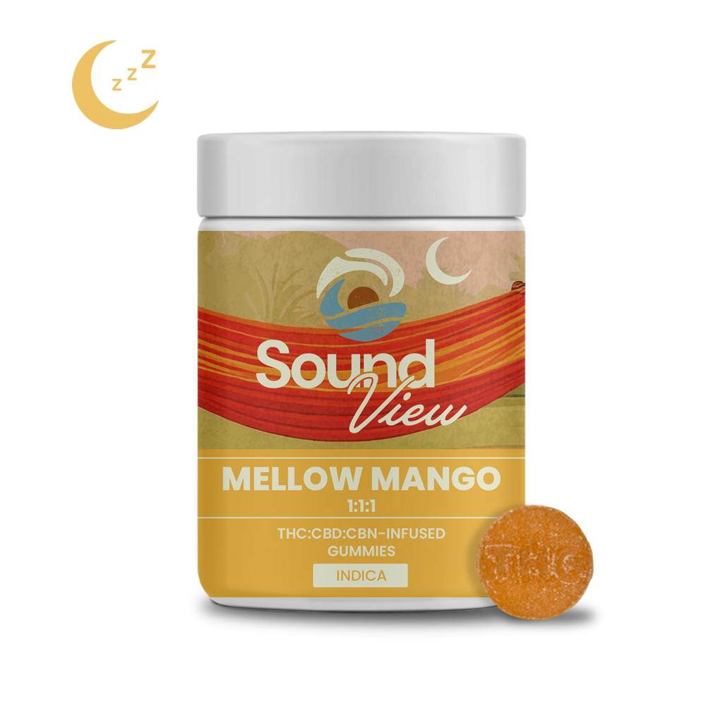 Photograph of product: SoundView Mellow Mango 1:1:1 TH-oui:CBD:CBN Gummies (I)  00076