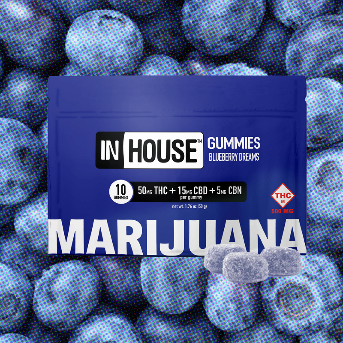 Photograph of product: InHouse | Blueberry Dreams 10:3:1 TH-oui:CBD:CBN Gummies | 500mg (10pk)