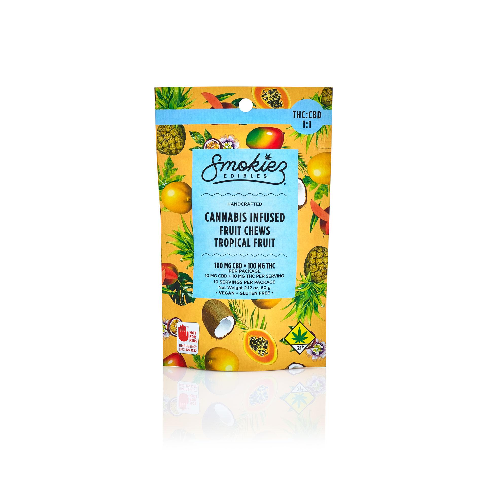 Photograph of product: CBD:TH-oui 1:1 Tropical 100mg CBD:100mg TH-oui Fruit Chews
