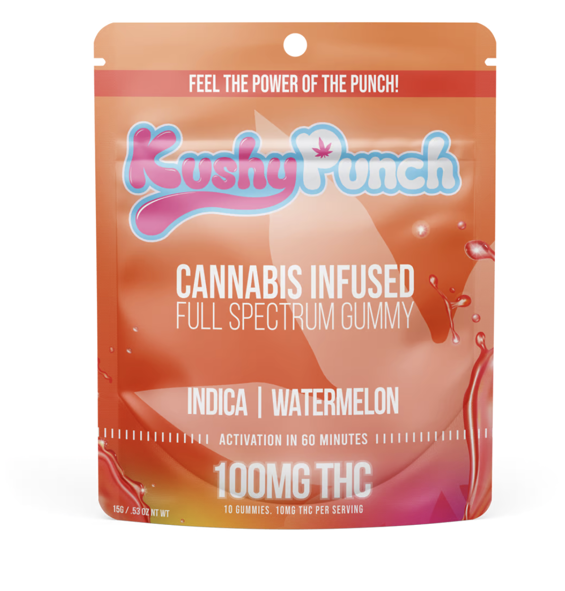 Photograph of product: KUSHY PUNCH WATERMELON FAST ACTING FULL SPECTRUM 10PK GUMMIES 100MG