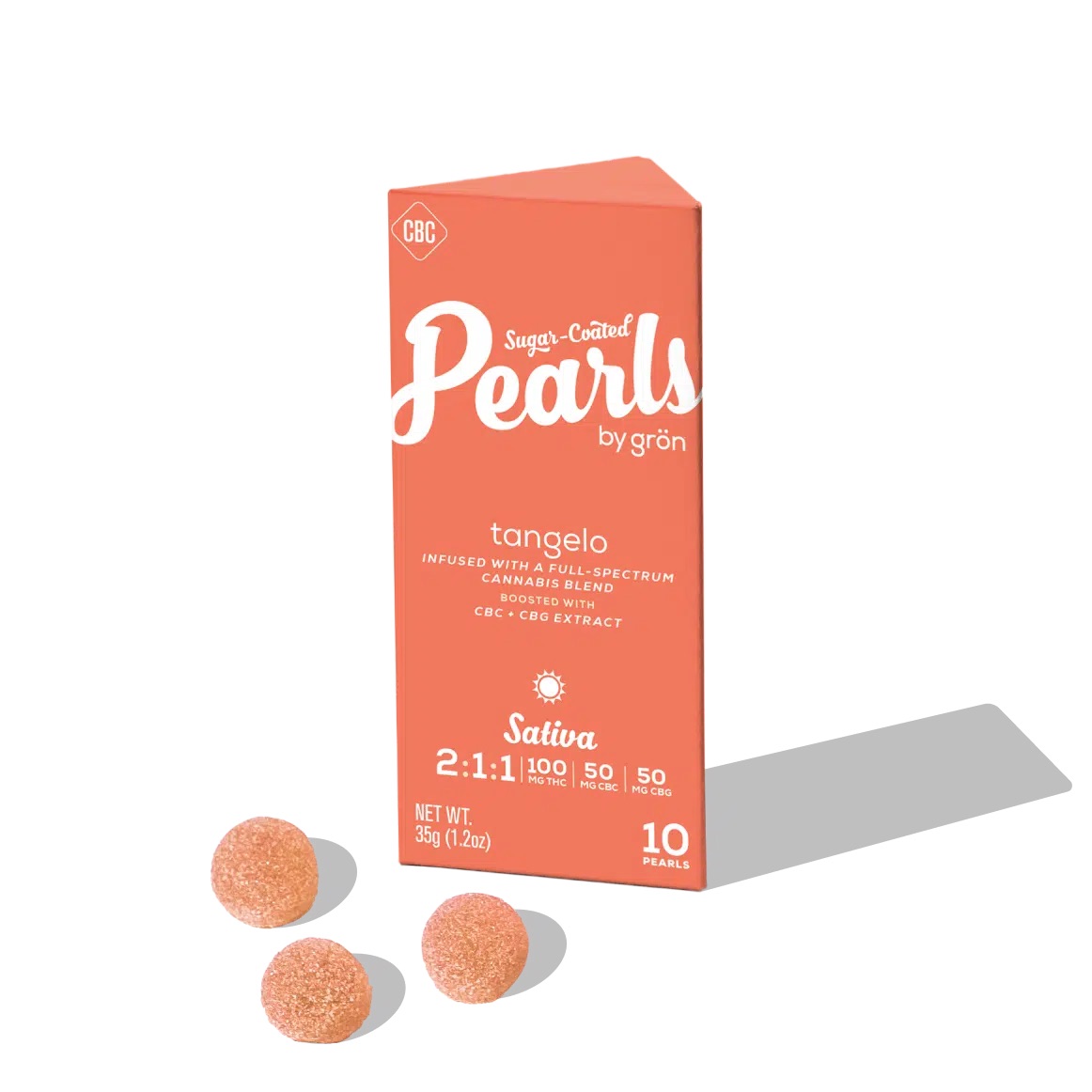 Photograph of product: Grn | Pearls | Tangelo | 2 TH-oui : 1 CBC : 1 CBG | 10pk/100mg