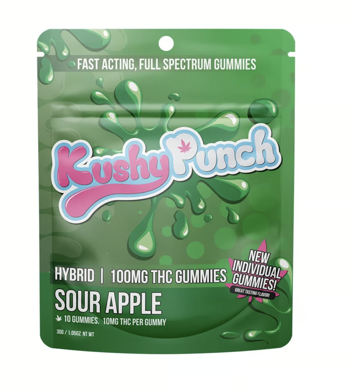 Photograph of product: KUSHY PUNCH GREEN APPLE FAST ACTING FULL SPECTRUM 10PK GUMMIES 100MG