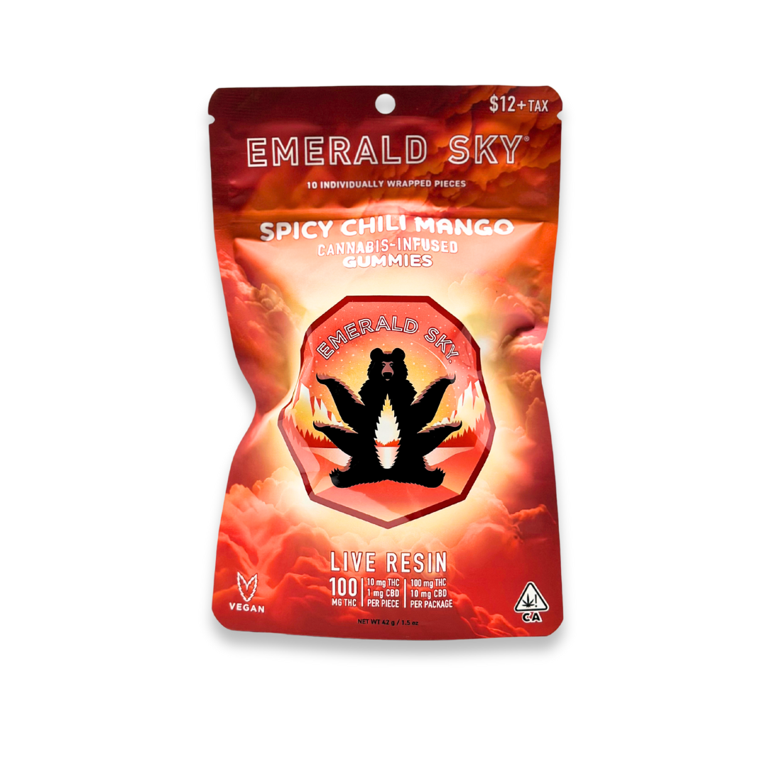 Photograph of product: Emerald Sky - Live Resin  - Spicy Chili Mango - Gummies - 10pk - 100mg