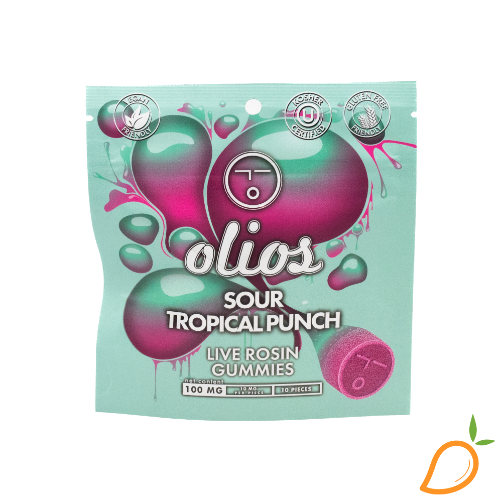 Photograph of product: 100mg Sour Tropical Punch Live Rosin Gummies Olio