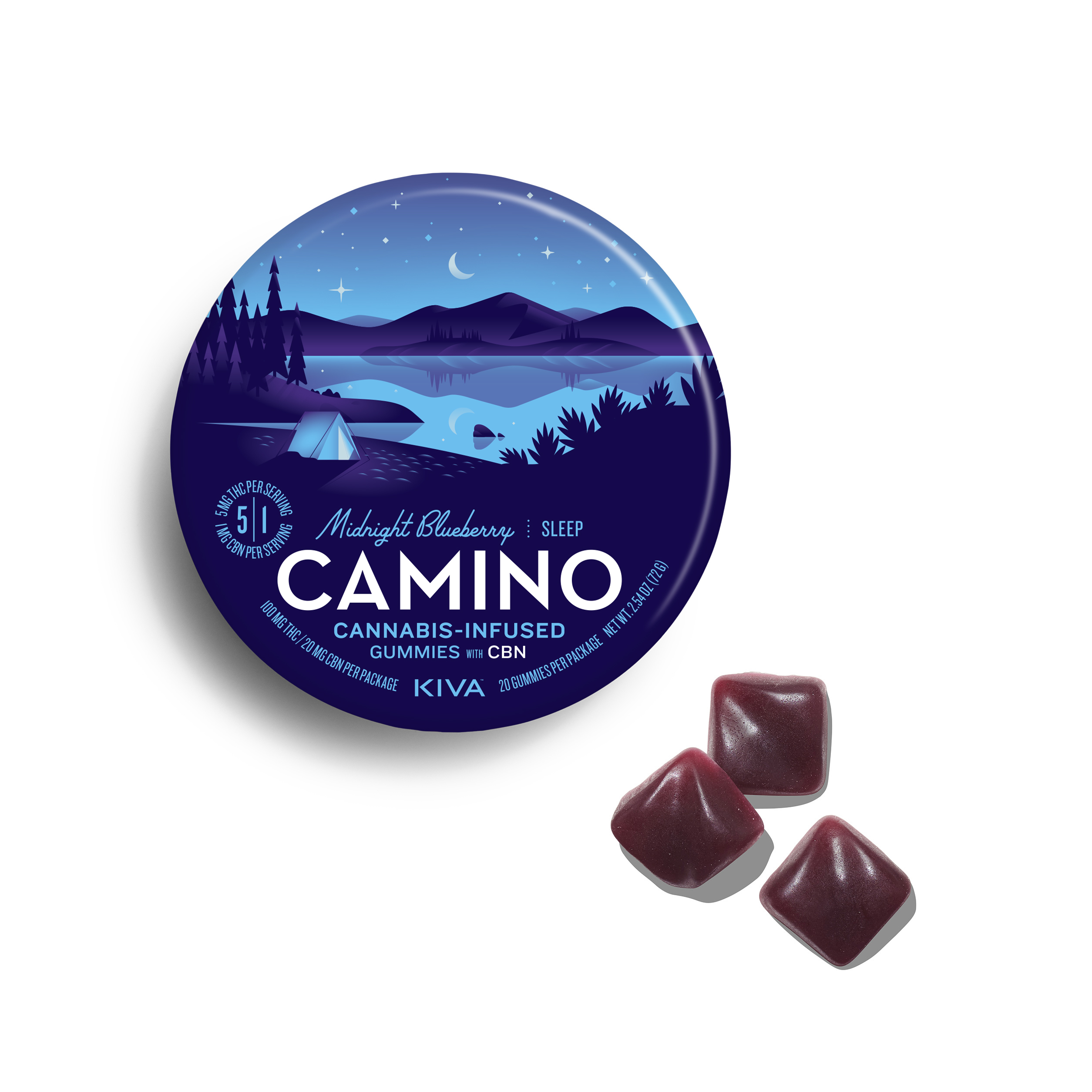 Photograph of product: Camino Midnight Blueberry (I) 5:1 TH-oui:CBN Gummies 5mg 20pc