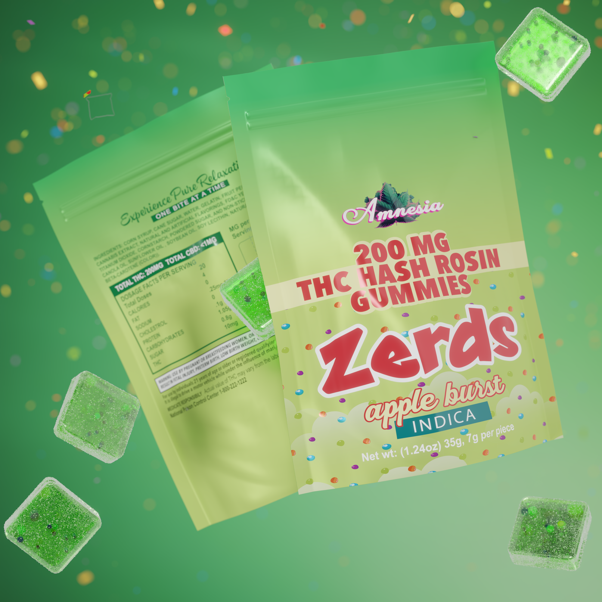 Photograph of product: Amnesia 200mg 1pk au chocolat Rosin Zerds Gummies Apple Burst
