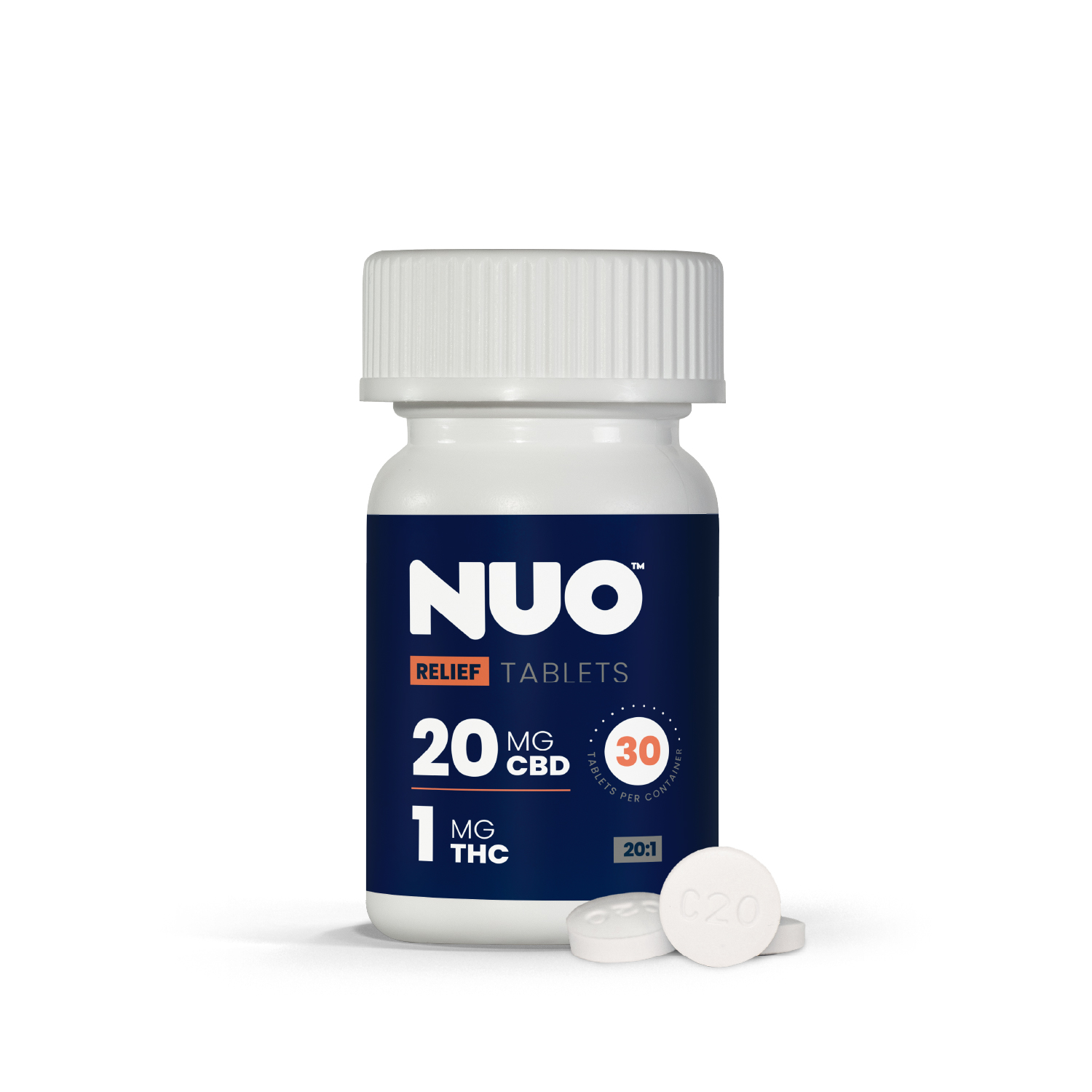Photograph of product: NUO | Tablet | 20:1 (CBD 600 mg : TH-oui 30 mg) | 30 ct