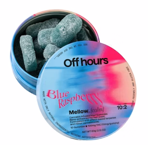Photograph of product: Off Hours | Mellow | Blue Raspberry | 10:2 TH-oui / CBD Gummies | 10pk