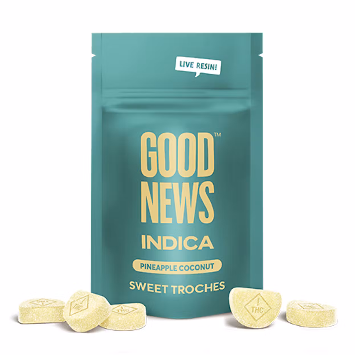 Photograph of product: Good News Live Resin Pineapple Coconut Troches 10mg (10pk)