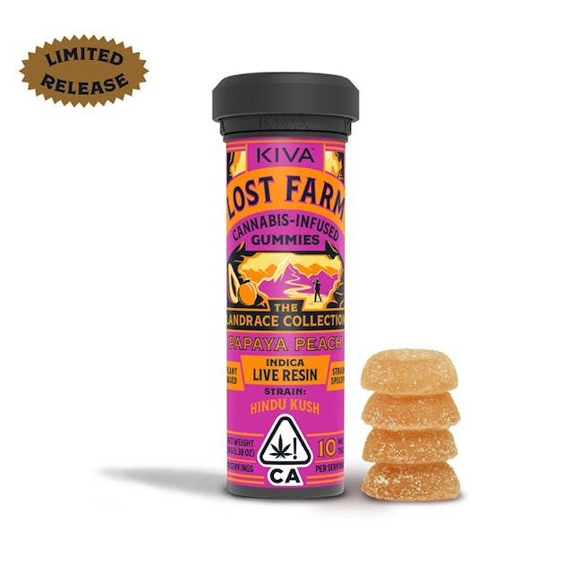 Photograph of product: Lost Farm - Papaya Peach Gummies - Infused w/ Hindu Kush Live Resin - 100mg - 