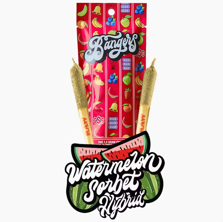 Photograph of product: Bangers Watermelon Sorbet 2 pack infused prerolls (H) 1.2g