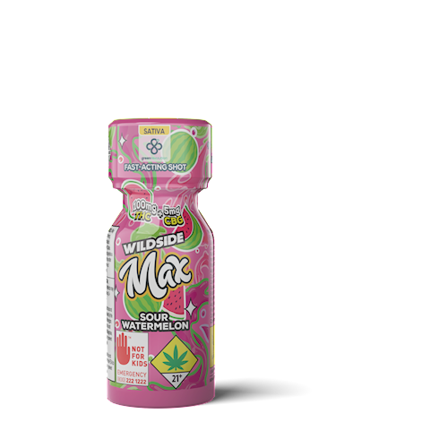 Photograph of product: Wildside Max | Sour Watermelon | Nano Shot | 2oz | DOH | 100mg TH-oui : 5mg CBG