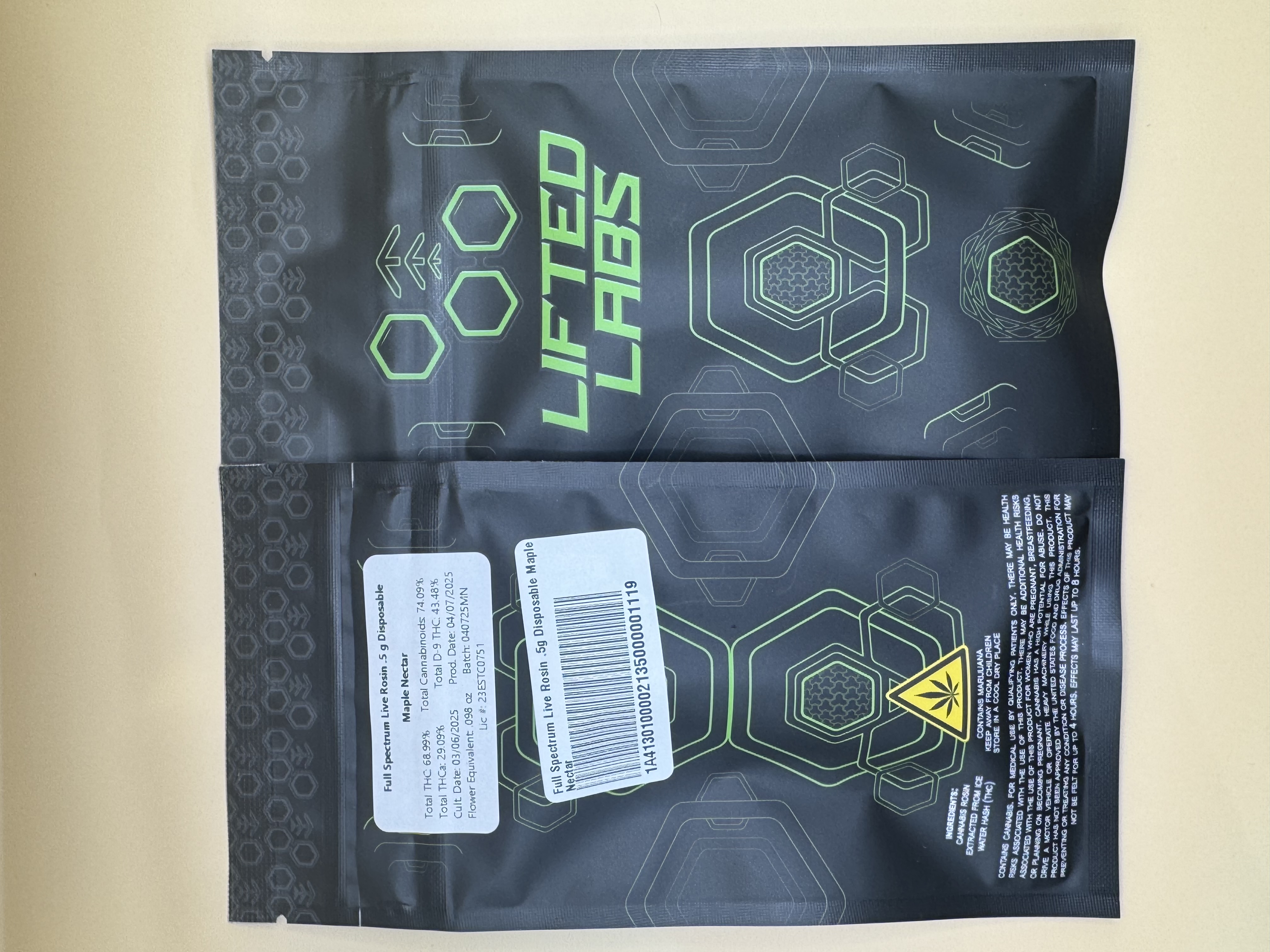 Photograph of Product: Lifted Labs Maple Nectar Full Spectrum Disposable Live Rosin Cart 0.5g