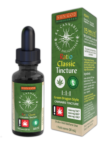 Photograph of product: Sun God - 1:1:1 TH-oui:CBD:CBG Ra Green Dragon Classic Tincture