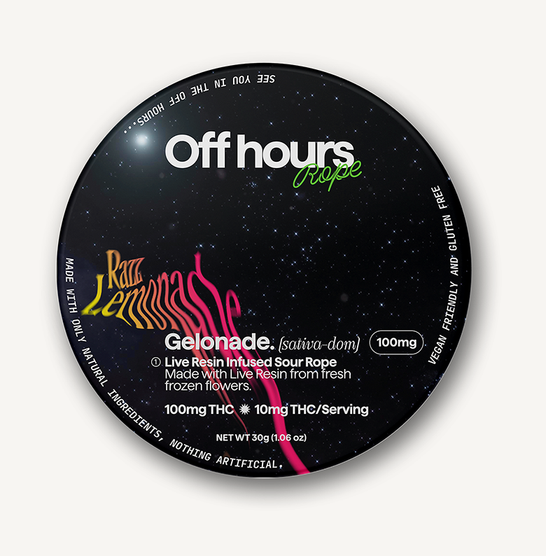 Photograph of product: Gelonade | Sour Razz Lemonade Rope | 100mg TH-oui | Live Resin Gummies | 10 Pack | Oui'd Dominant | Off Hours