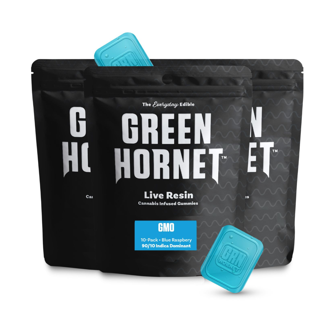 Photograph of product: Green Hornet | GMO | Strain Specific Gummies | Blue Raspberry | 100MG TH-oui | 10pc