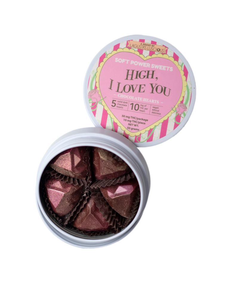 Photograph of Product: High, I Love You Valentine's Tin, 5 hand-painted chocolate hearts