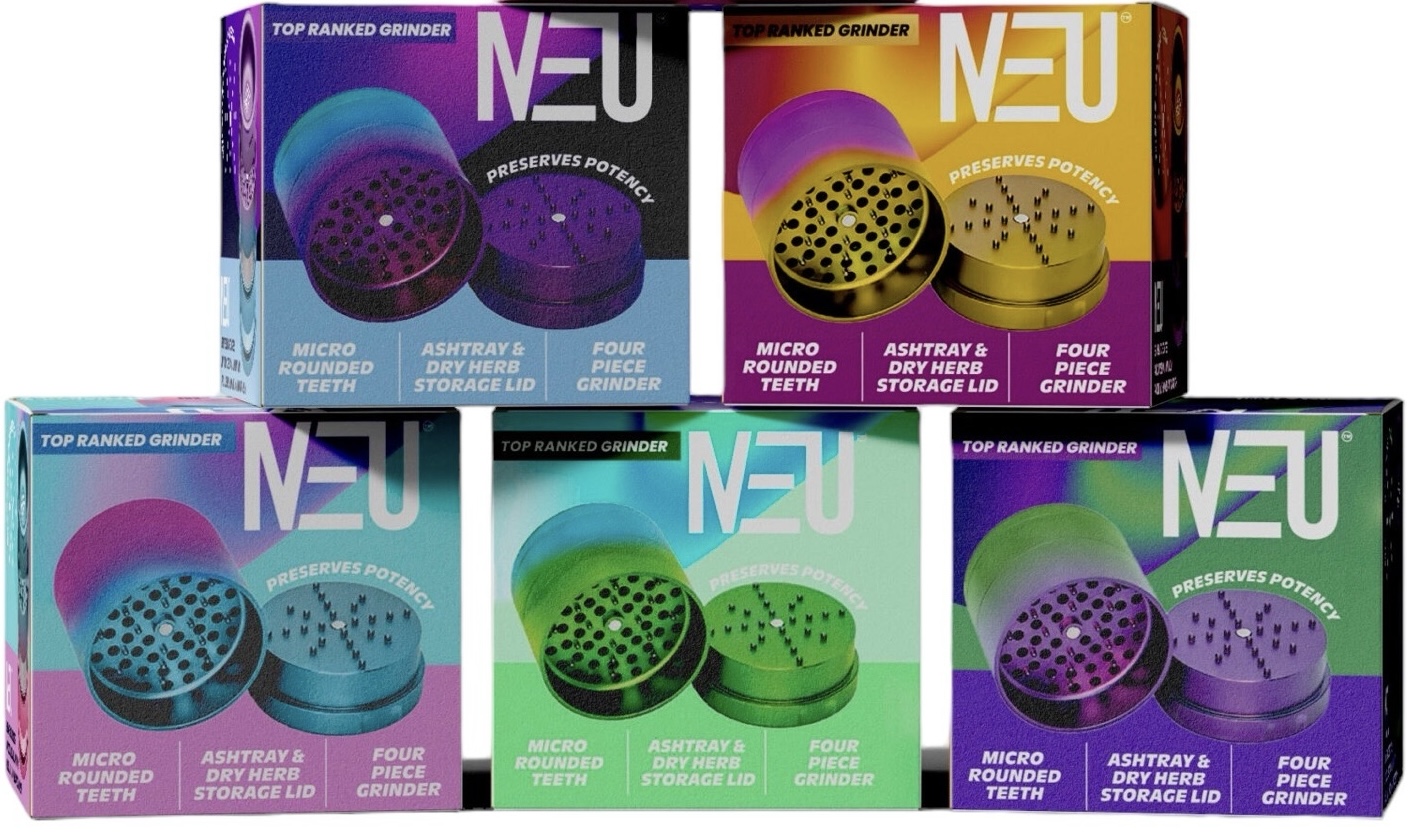 Photograph of product: Neu Aluminum 4 Piece Grinder With Ash Tray / Storage Top Purple Green