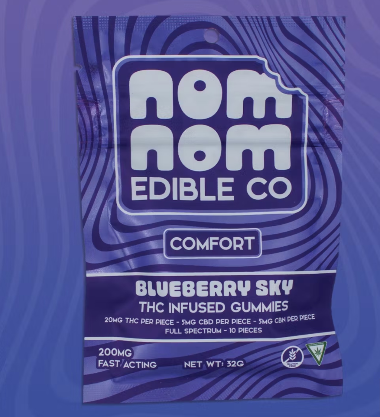 Photograph of product: Nom Nom: Blueberry Sky TH-oui:CBD:CBN 200MG Comfort Gummies