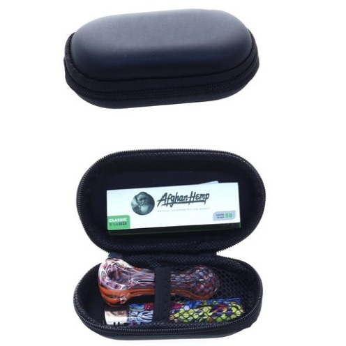 Photograph of product: smokers Travel Kit mini pipe, lighter, papers in case